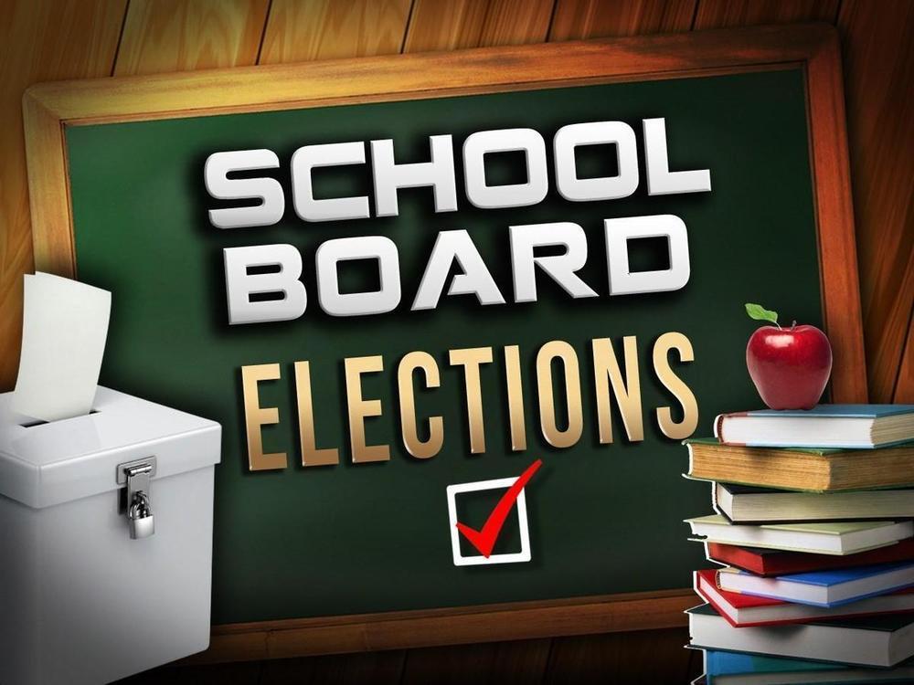 Chalk board with "School Board Elections" written on it. Books and apple images on right side.  Ballot box on right.
